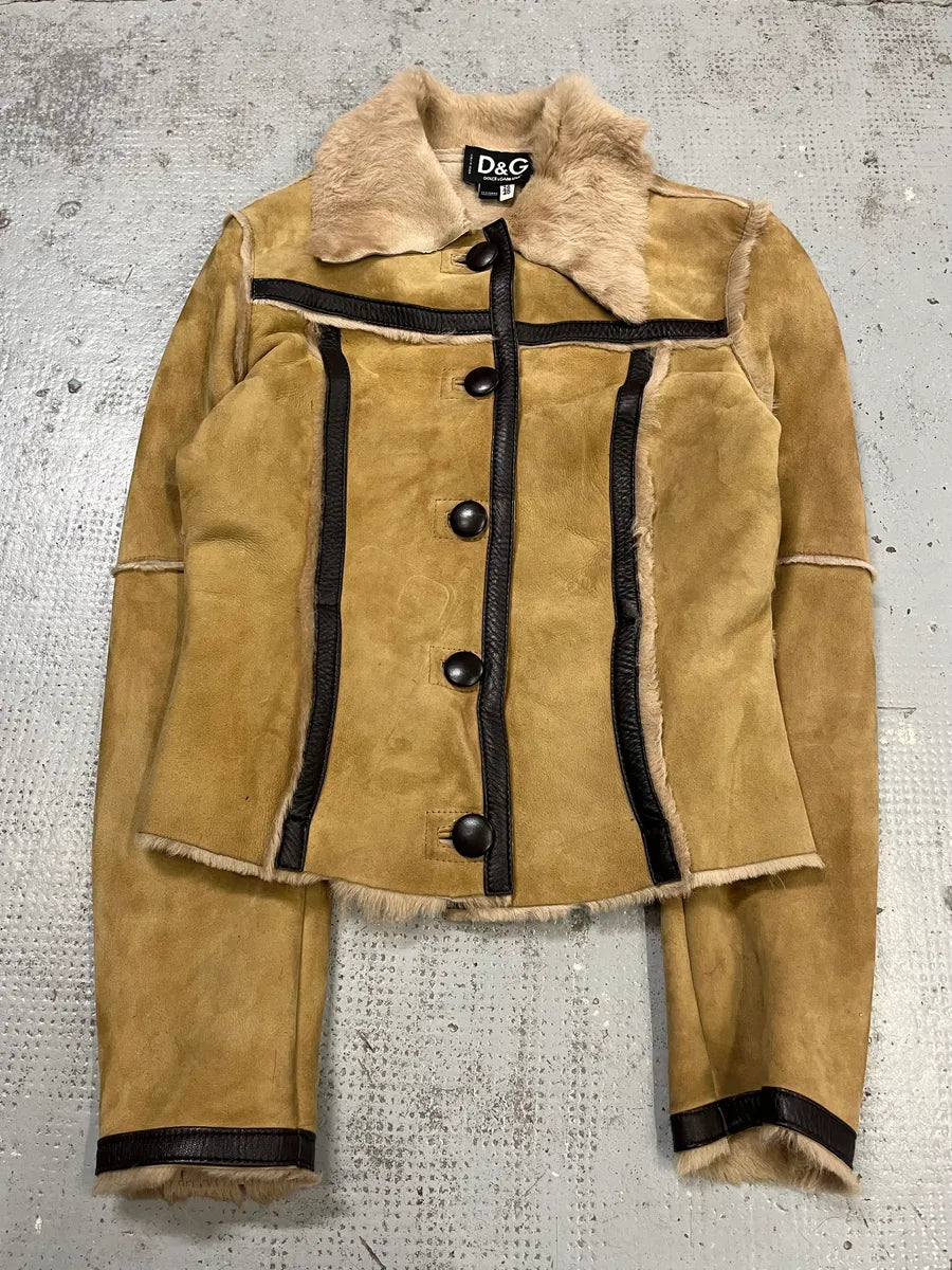 2000s Dolce & Gabbana Beige Fur Collar Camel Leather Jacket FWPsBHH 3
