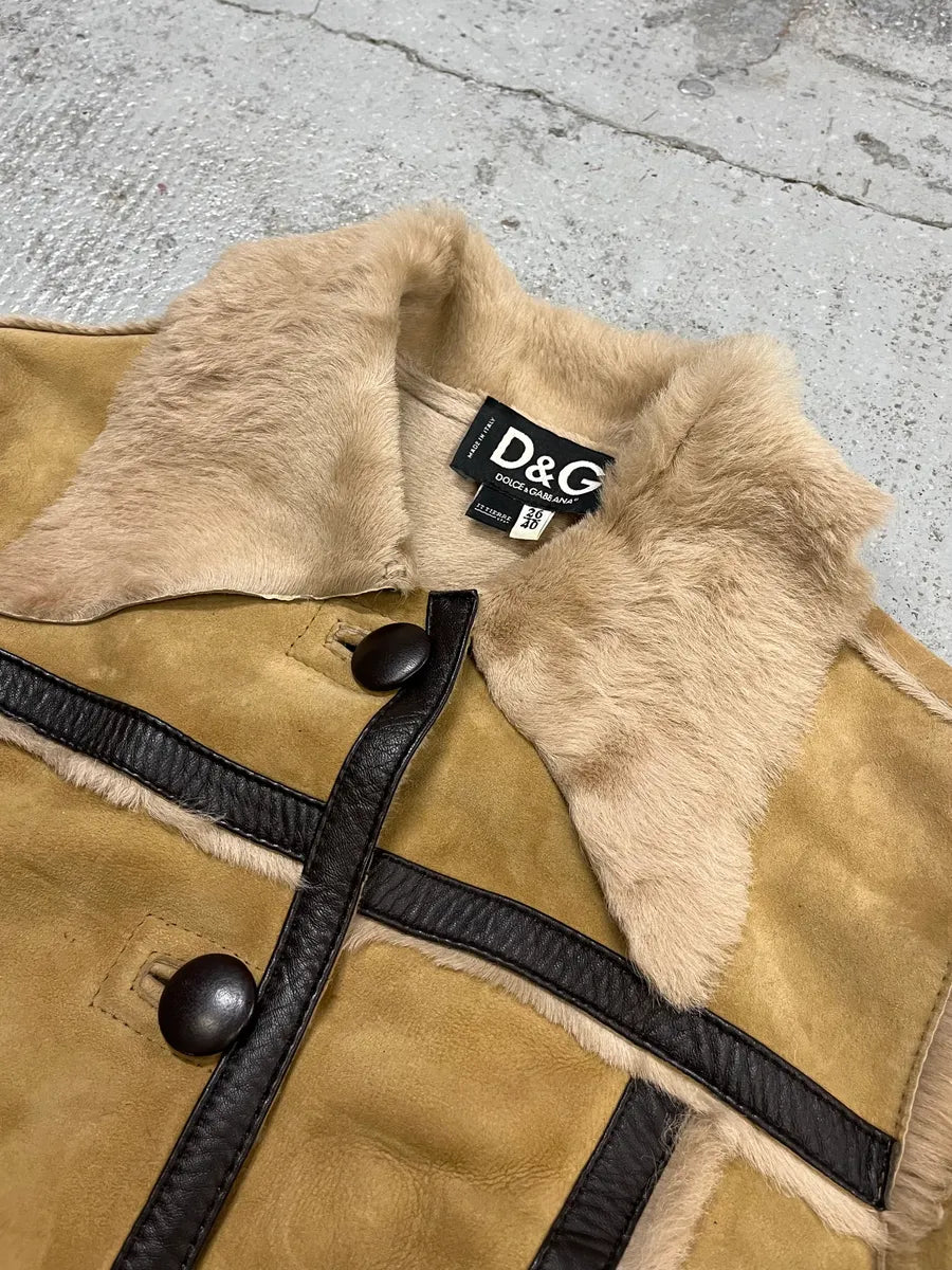 2000s Dolce & Gabbana Beige Fur Collar Camel Leather Jacket FWPsBHH 5