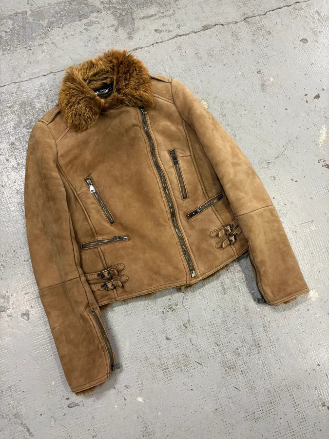 2000s Dolce & Gabbana Beige Asymmetrical Fur Collar Suede Leather Jacket DrsDSYI 1