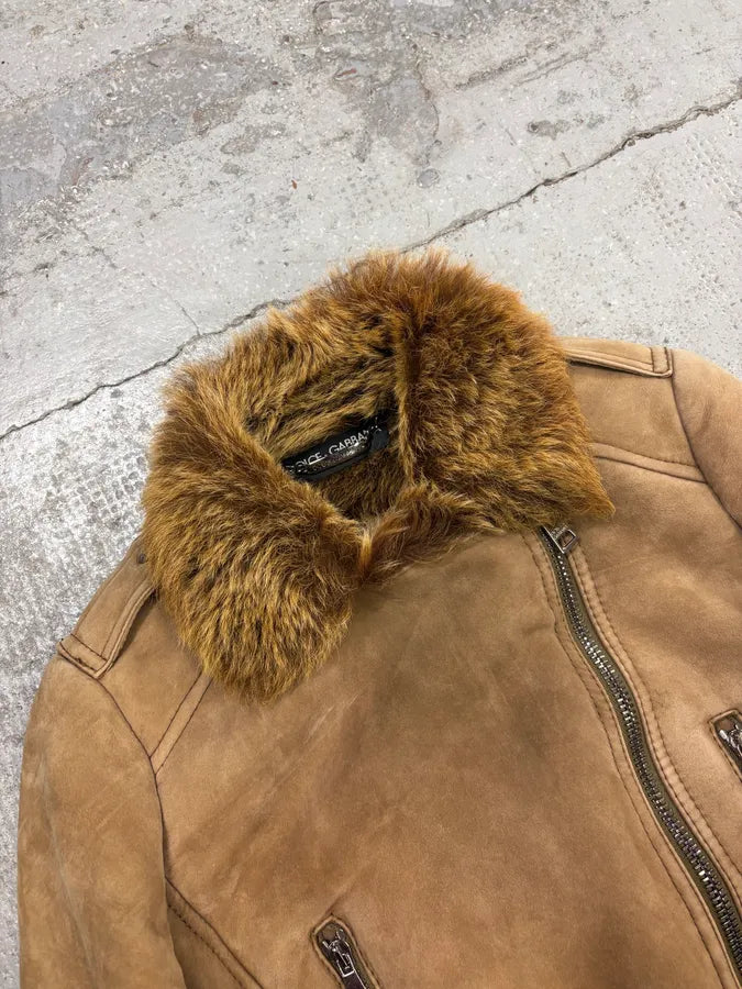 2000s Dolce & Gabbana Beige Asymmetrical Fur Collar Suede Leather Jacket DrsDSYI 5