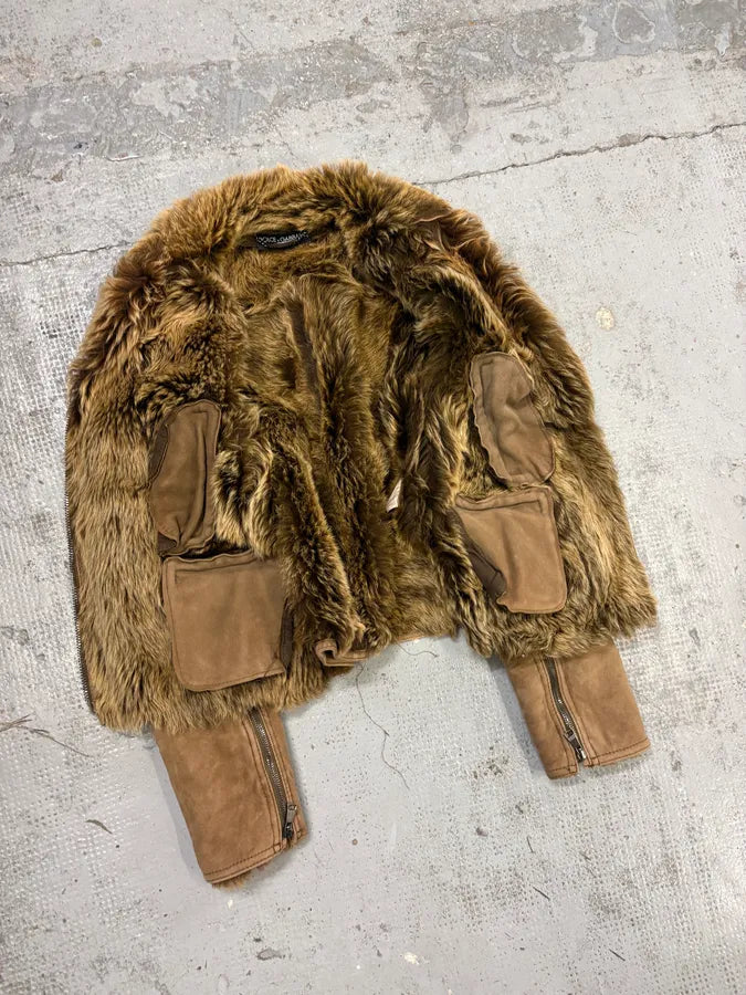 2000s Dolce & Gabbana Beige Asymmetrical Fur Collar Suede Leather Jacket DrsDSYI 6