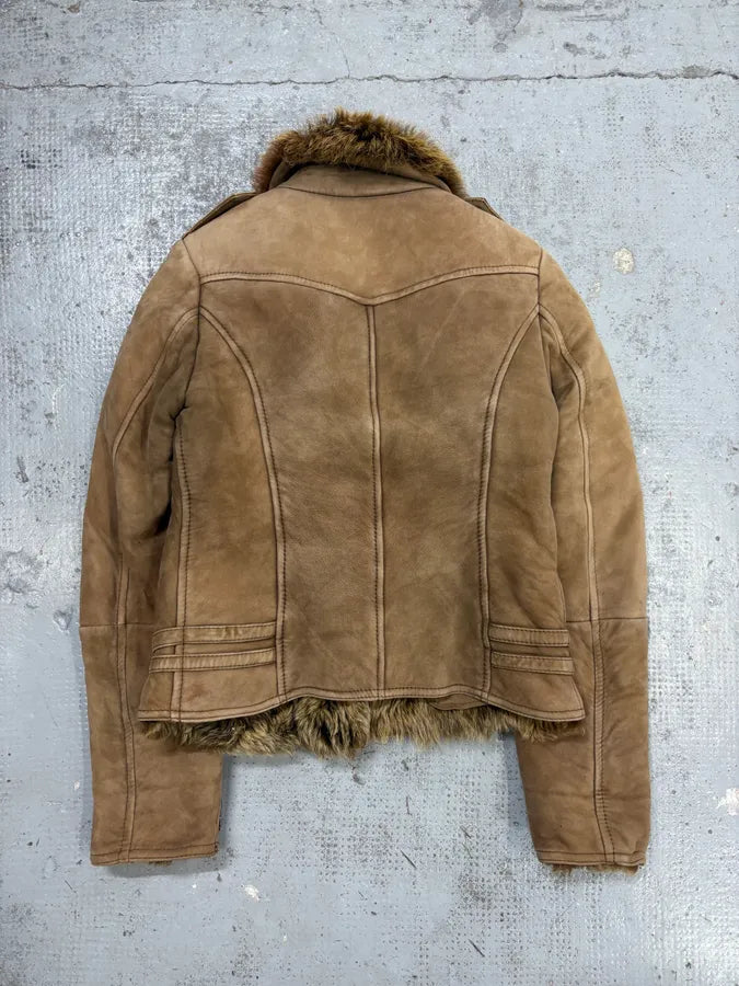 2000s Dolce & Gabbana Beige Asymmetrical Fur Collar Suede Leather Jacket DrsDSYI 4
