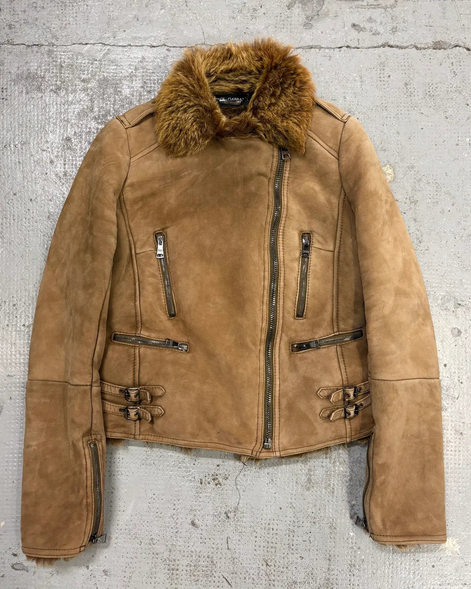 2000s Dolce & Gabbana Beige Asymmetrical Fur Collar Suede Leather Jacket DrsDSYI 0