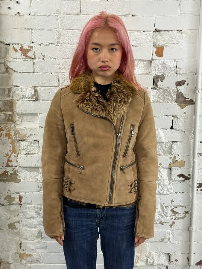 2000s Dolce & Gabbana Beige Asymmetrical Fur Collar Suede Leather Jacket DrsDSYI 2