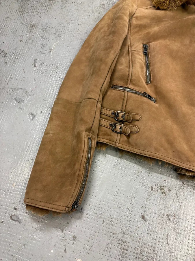 2000s Dolce & Gabbana Beige Asymmetrical Fur Collar Suede Leather Jacket DrsDSYI 7