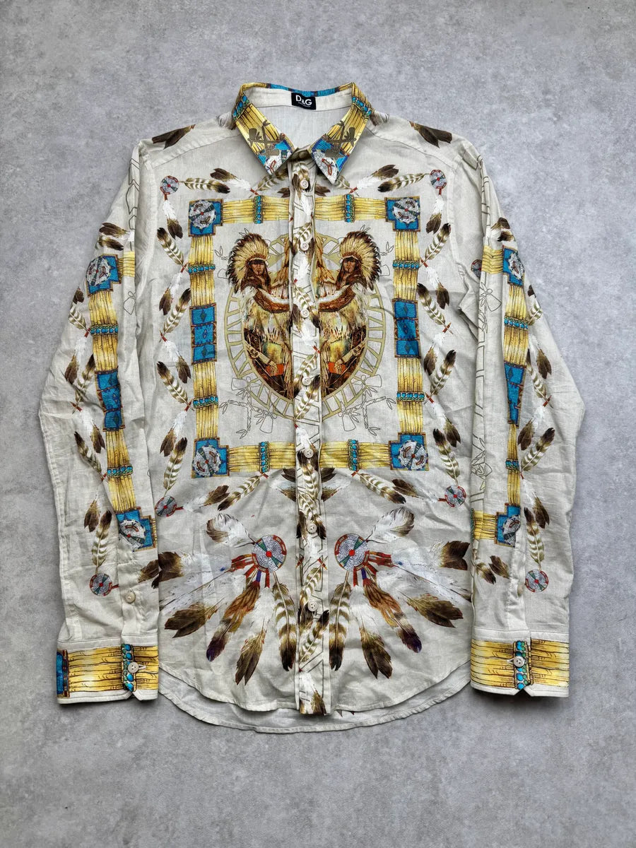 2000s Dolce & Gabbana Beige Iroquois Chief Portrait Shirt pXsnWHV 0