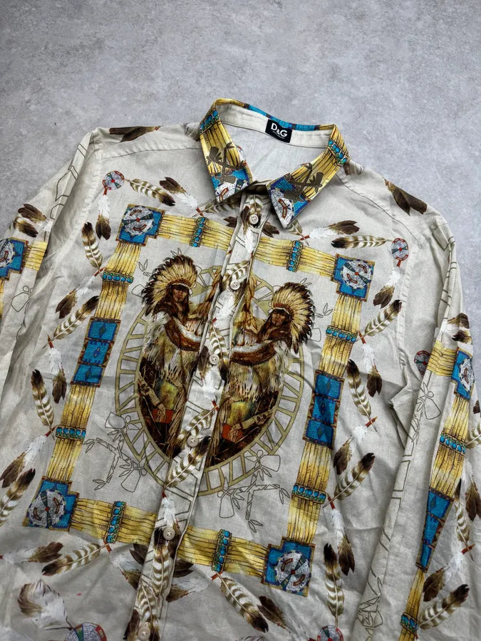 2000s Dolce & Gabbana Beige Iroquois Chief Portrait Shirt pXsnWHV 4