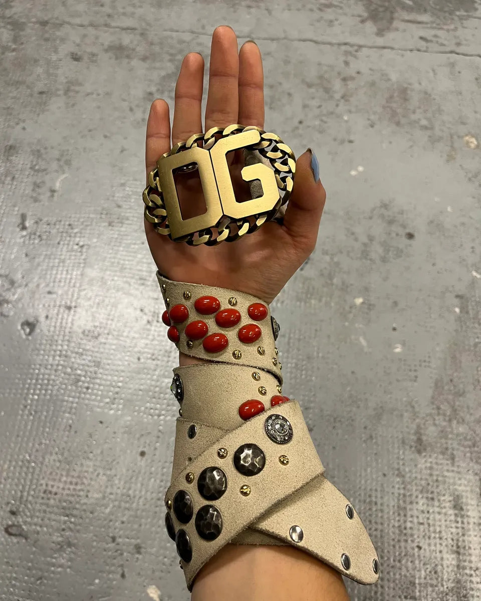 2000s Dolce & Gabbana Beige Leather Studded Belt ECxvEZk 0