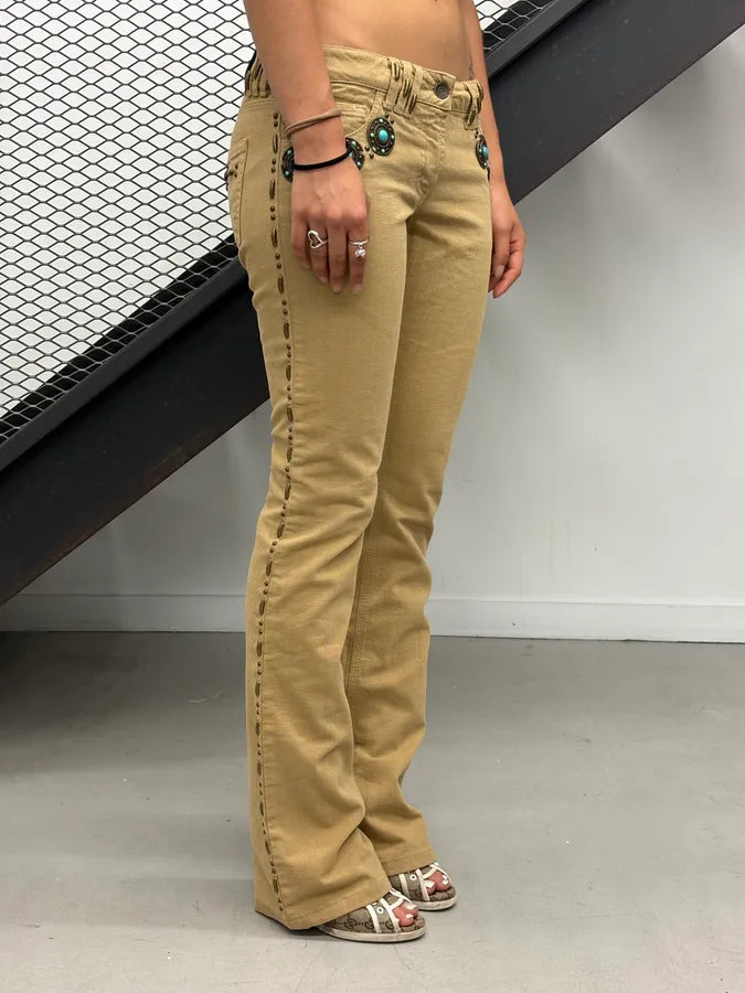 2000s Dolce & Gabbana Beige Studded Flared Pants fkmDHol 1