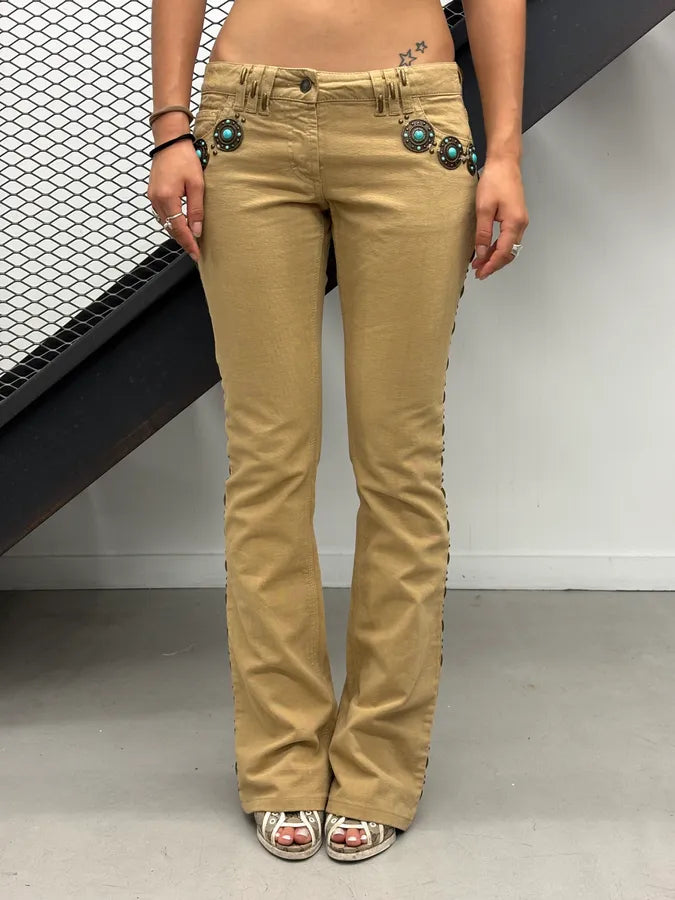 2000s Dolce & Gabbana Beige Studded Flared Pants fkmDHol 0