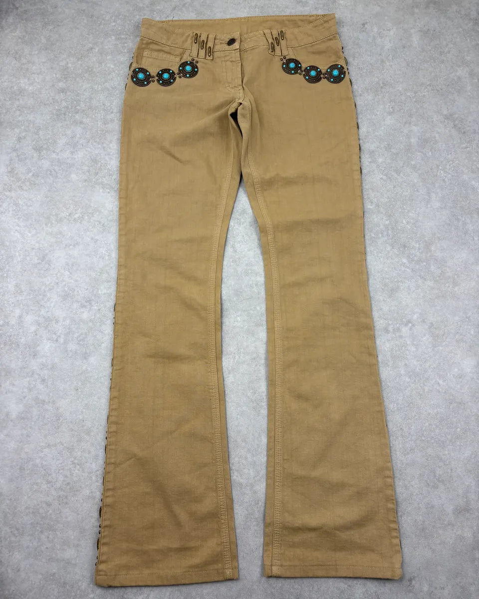 2000s Dolce & Gabbana Beige Studded Flared Pants fkmDHol 3