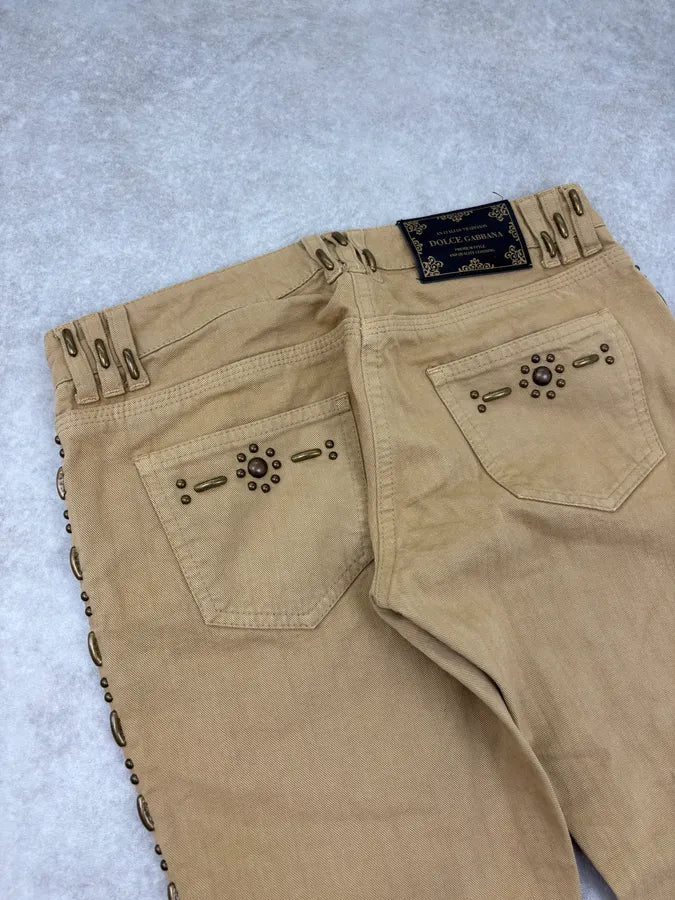 2000s Dolce & Gabbana Beige Studded Flared Pants fkmDHol 7