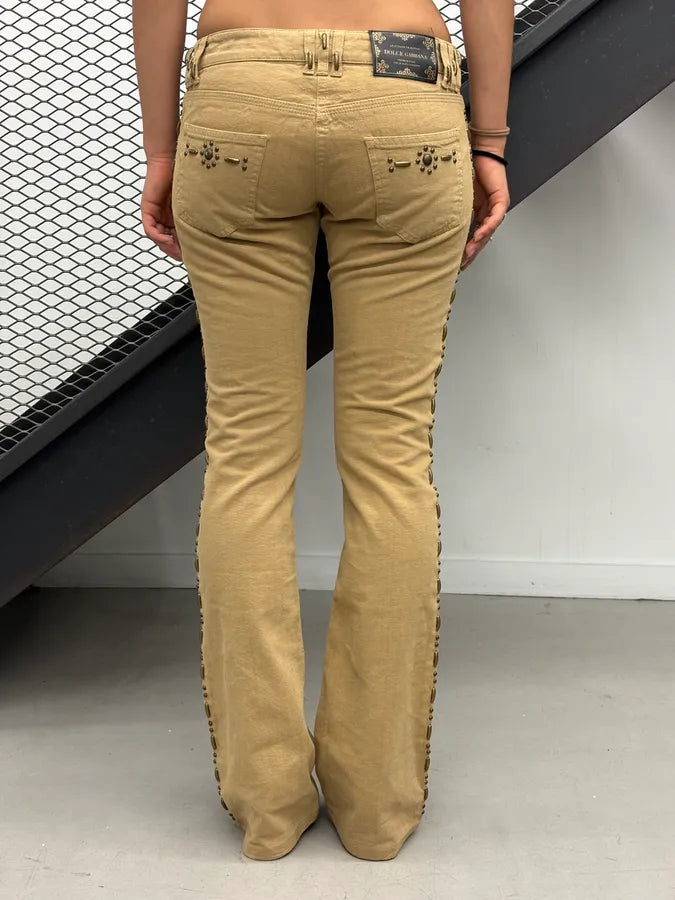 2000s Dolce & Gabbana Beige Studded Flared Pants fkmDHol 2