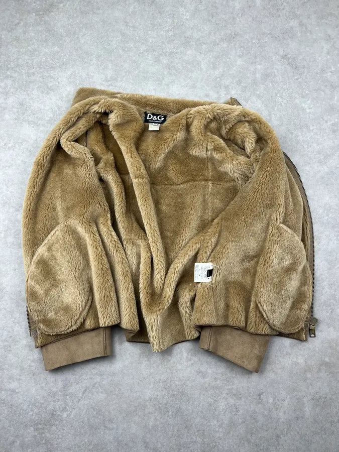 2000s Dolce & Gabbana Beige Suede Leather Shearling Jacket kTUCuhB 7
