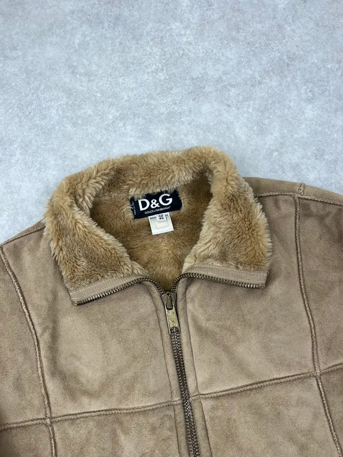 2000s Dolce & Gabbana Beige Suede Leather Shearling Jacket kTUCuhB 3