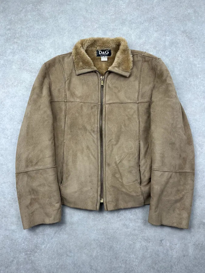 2000s Dolce & Gabbana Beige Suede Leather Shearling Jacket kTUCuhB 0