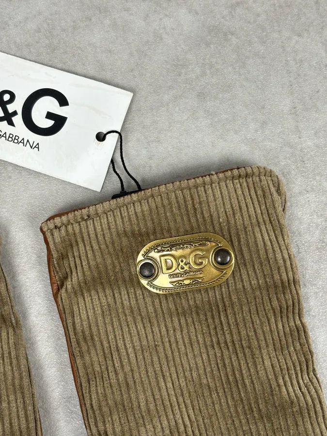 2000s Dolce & Gabbana Beige Velvet & Leather Hybrid Gloves HbDpUYf 5