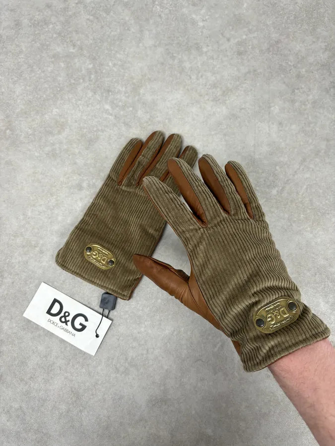 2000s Dolce & Gabbana Beige Velvet & Leather Hybrid Gloves HbDpUYf 0