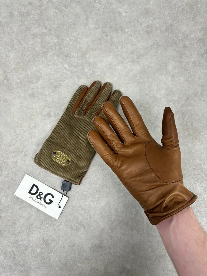 2000s Dolce & Gabbana Beige Velvet & Leather Hybrid Gloves HbDpUYf 1