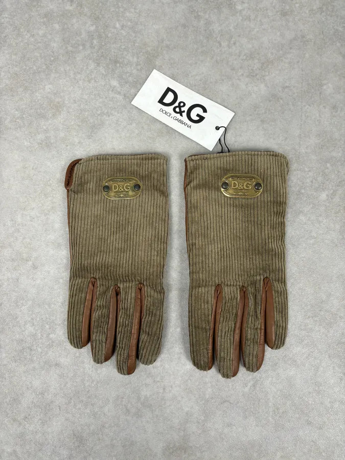 2000s Dolce & Gabbana Beige Velvet & Leather Hybrid Gloves HbDpUYf 2