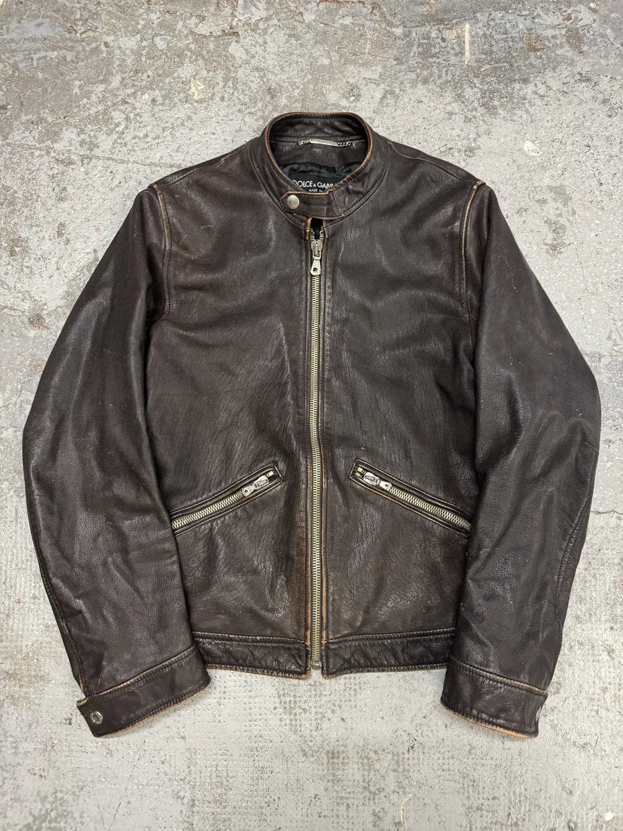 2000s Dolce & Gabbana Biker Brown Leather Jacket cKNYLEL 0