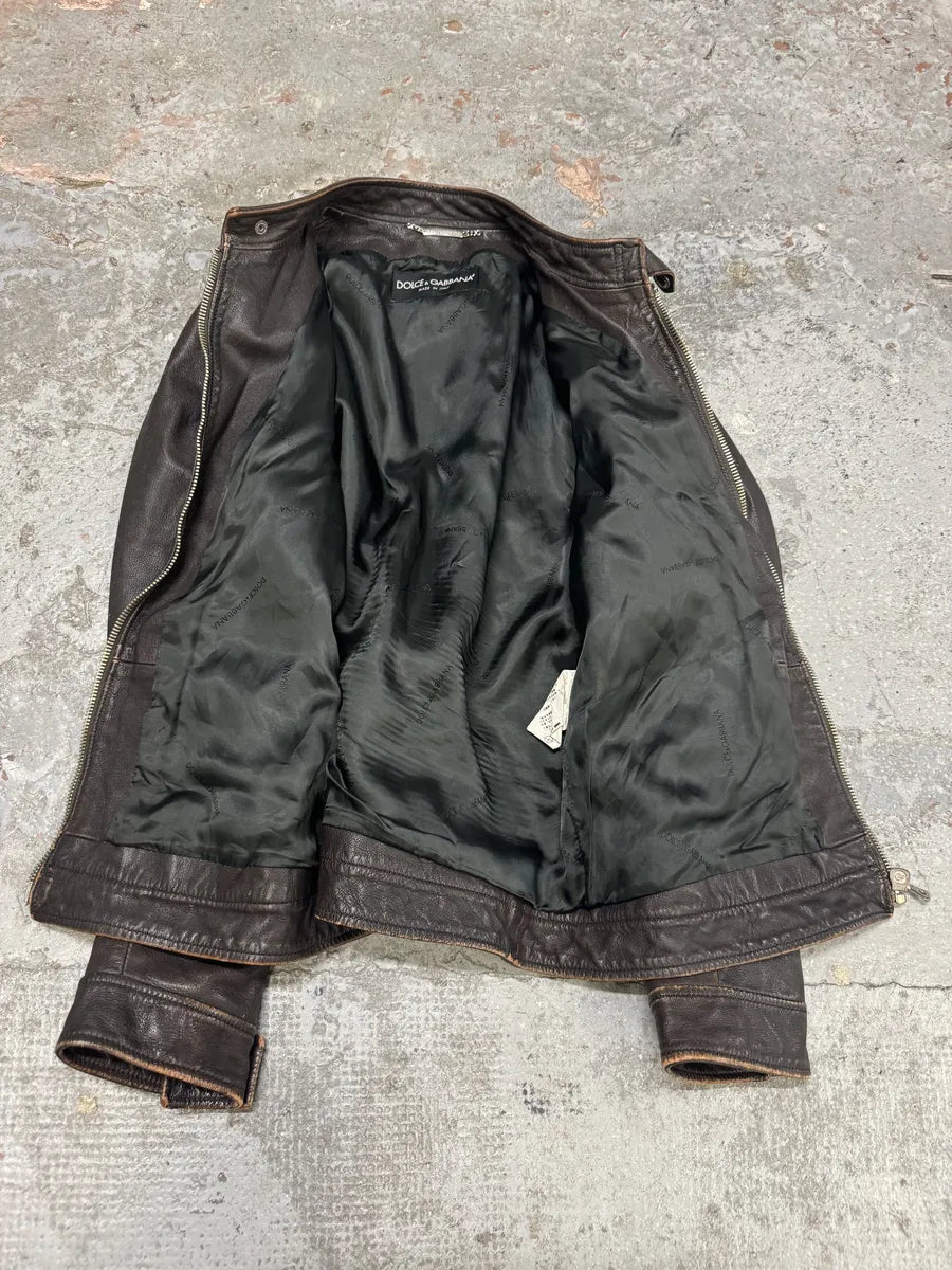 2000s Dolce & Gabbana Biker Brown Leather Jacket cKNYLEL 4