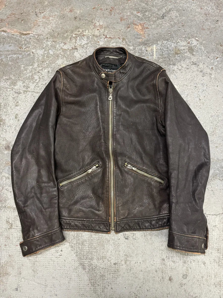 2000s Dolce & Gabbana Biker Brown Leather Jacket cKNYLEL 5