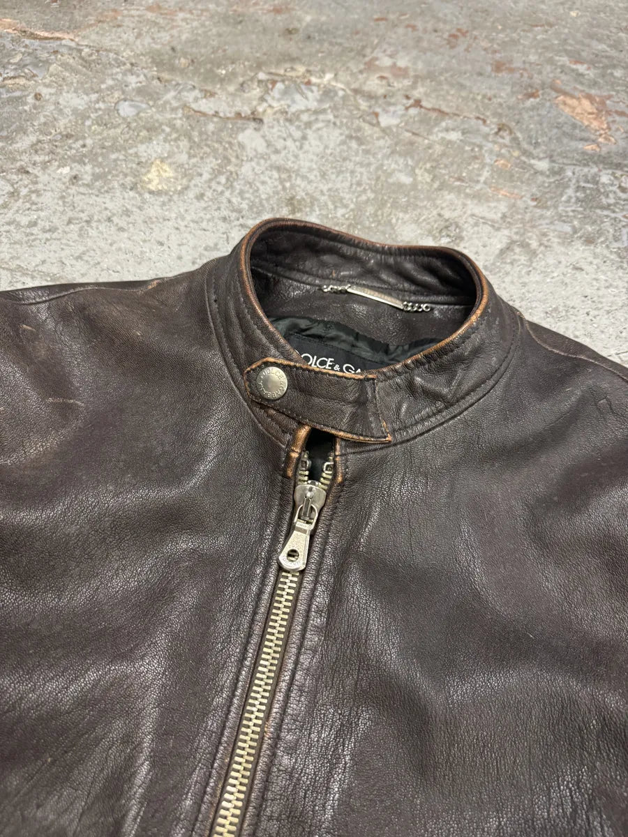 2000s Dolce & Gabbana Biker Brown Leather Jacket cKNYLEL 8