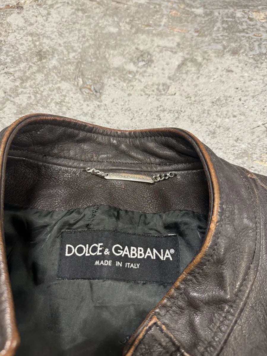 2000s Dolce & Gabbana Biker Brown Leather Jacket cKNYLEL 9