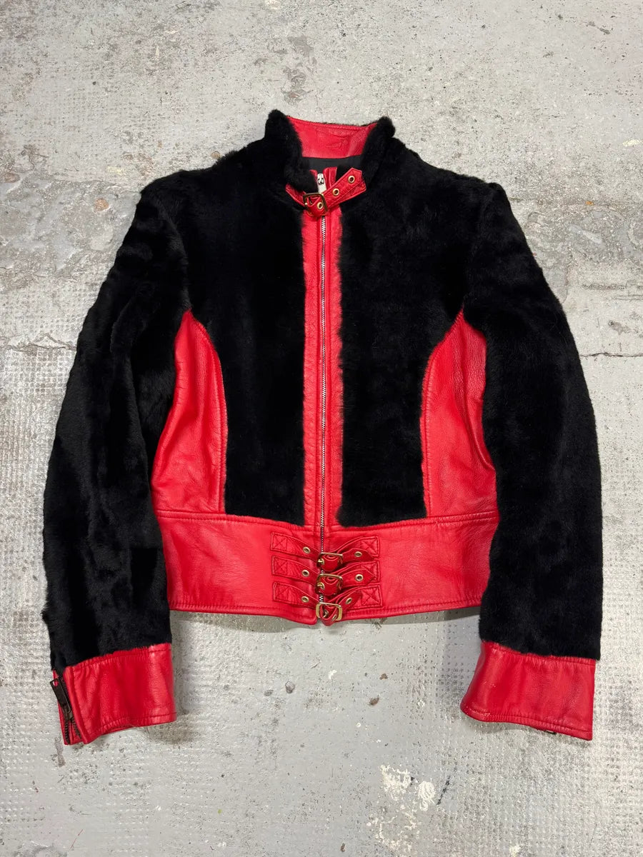 2000s Dolce & Gabbana Biker Leather Red & Black Fur Moto Leather Jacket ZCVtdGM 0