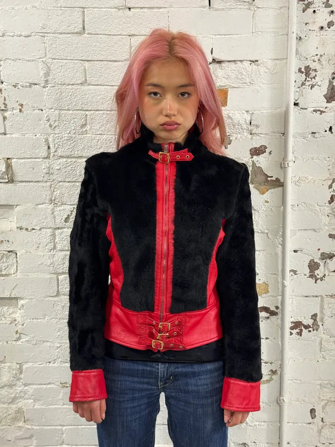 2000s Dolce & Gabbana Biker Leather Red & Black Fur Moto Leather Jacket ZCVtdGM 1