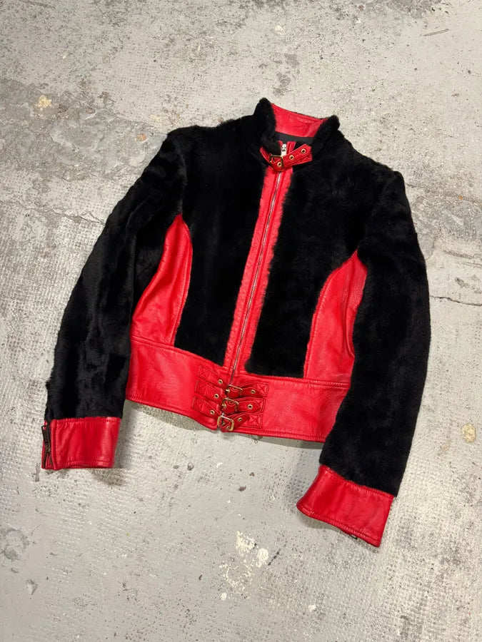 2000s Dolce & Gabbana Biker Leather Red & Black Fur Moto Leather Jacket ZCVtdGM 3