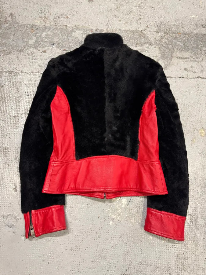 2000s Dolce & Gabbana Biker Leather Red & Black Fur Moto Leather Jacket ZCVtdGM 4
