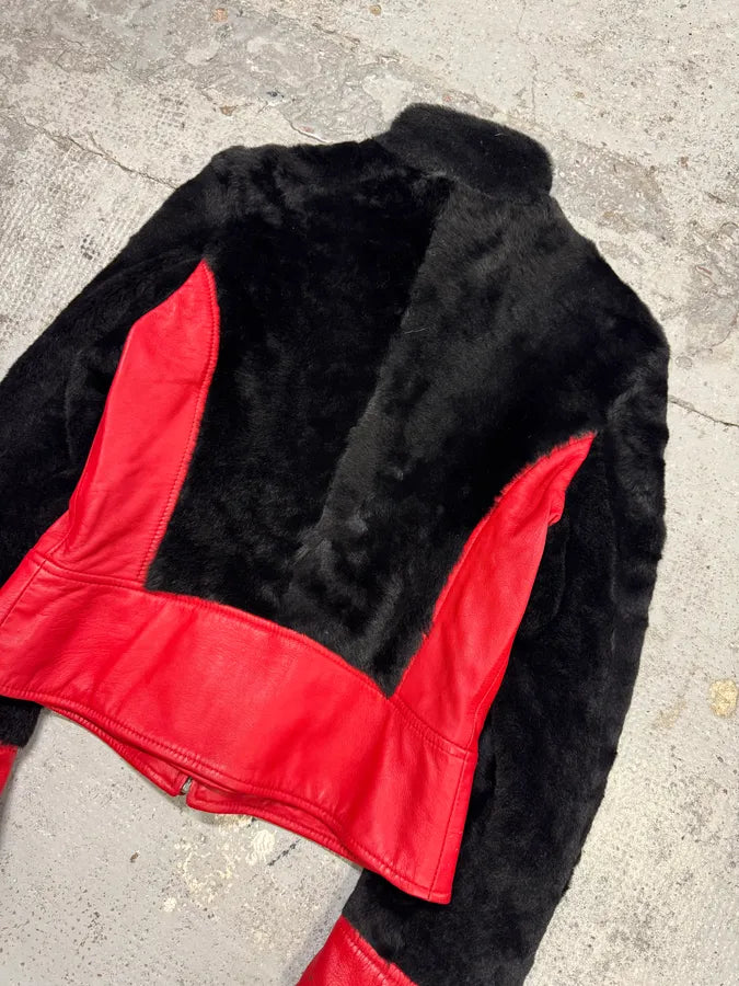 2000s Dolce & Gabbana Biker Leather Red & Black Fur Moto Leather Jacket ZCVtdGM 5