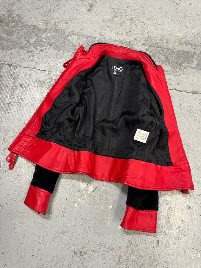 2000s Dolce & Gabbana Biker Leather Red & Black Fur Moto Leather Jacket ZCVtdGM 7
