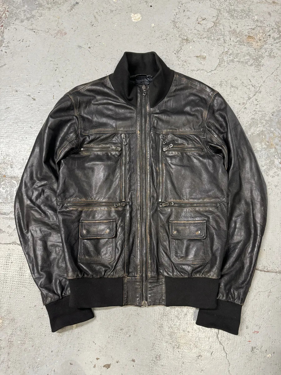 2000s Dolce & Gabbana Black Aged Zip Leather Jacket gRBOdbP 0