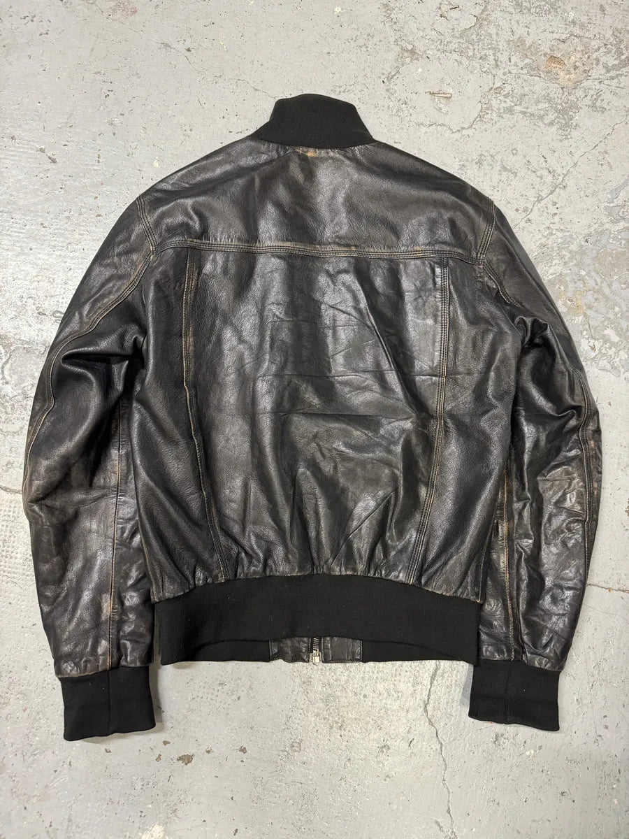 2000s Dolce & Gabbana Black Aged Zip Leather Jacket gRBOdbP 1