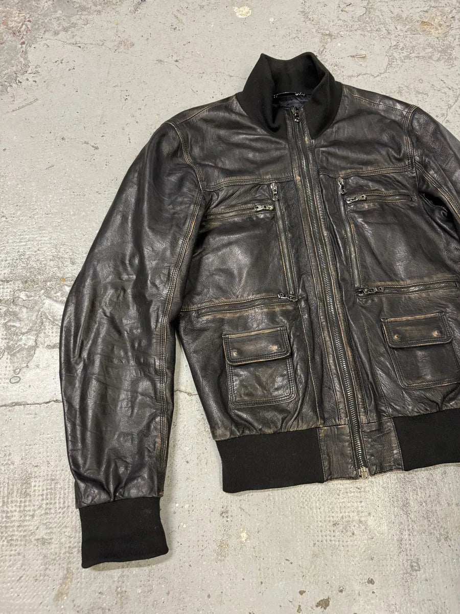 2000s Dolce & Gabbana Black Aged Zip Leather Jacket gRBOdbP 5