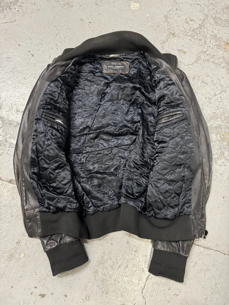 2000s Dolce & Gabbana Black Aged Zip Leather Jacket gRBOdbP 8