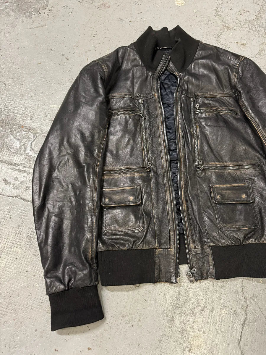 2000s Dolce & Gabbana Black Aged Zip Leather Jacket gRBOdbP 9