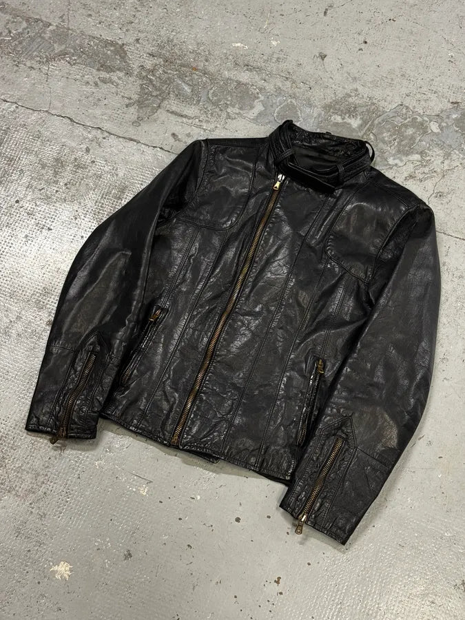 AW2001 Dolce & Gabbana Black Asymmetrical Zip Biker Leather Jacket bbAfkbQ 4