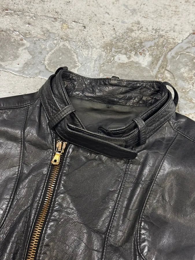 AW2001 Dolce & Gabbana Black Asymmetrical Zip Biker Leather Jacket bbAfkbQ 7