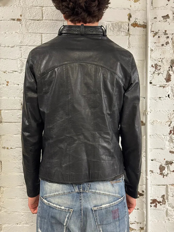 AW2001 Dolce & Gabbana Black Asymmetrical Zip Biker Leather Jacket bbAfkbQ 2