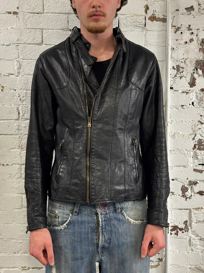 AW2001 Dolce & Gabbana Black Asymmetrical Zip Biker Leather Jacket bbAfkbQ 1