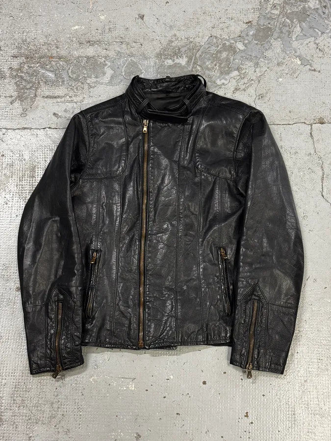 AW2001 Dolce & Gabbana Black Asymmetrical Zip Biker Leather Jacket bbAfkbQ 0