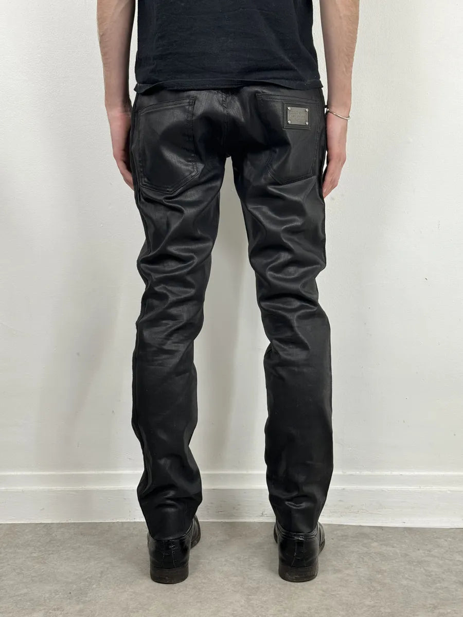 2000s Dolce & Gabbana Black Coated Waxed Effect Obscure Slim Pants CMxfRiv 2