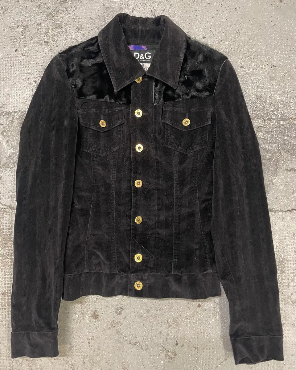2000s Dolce & Gabbana Black Corduroy & Fur Buttoned Pure Jacket (XS/S) 0