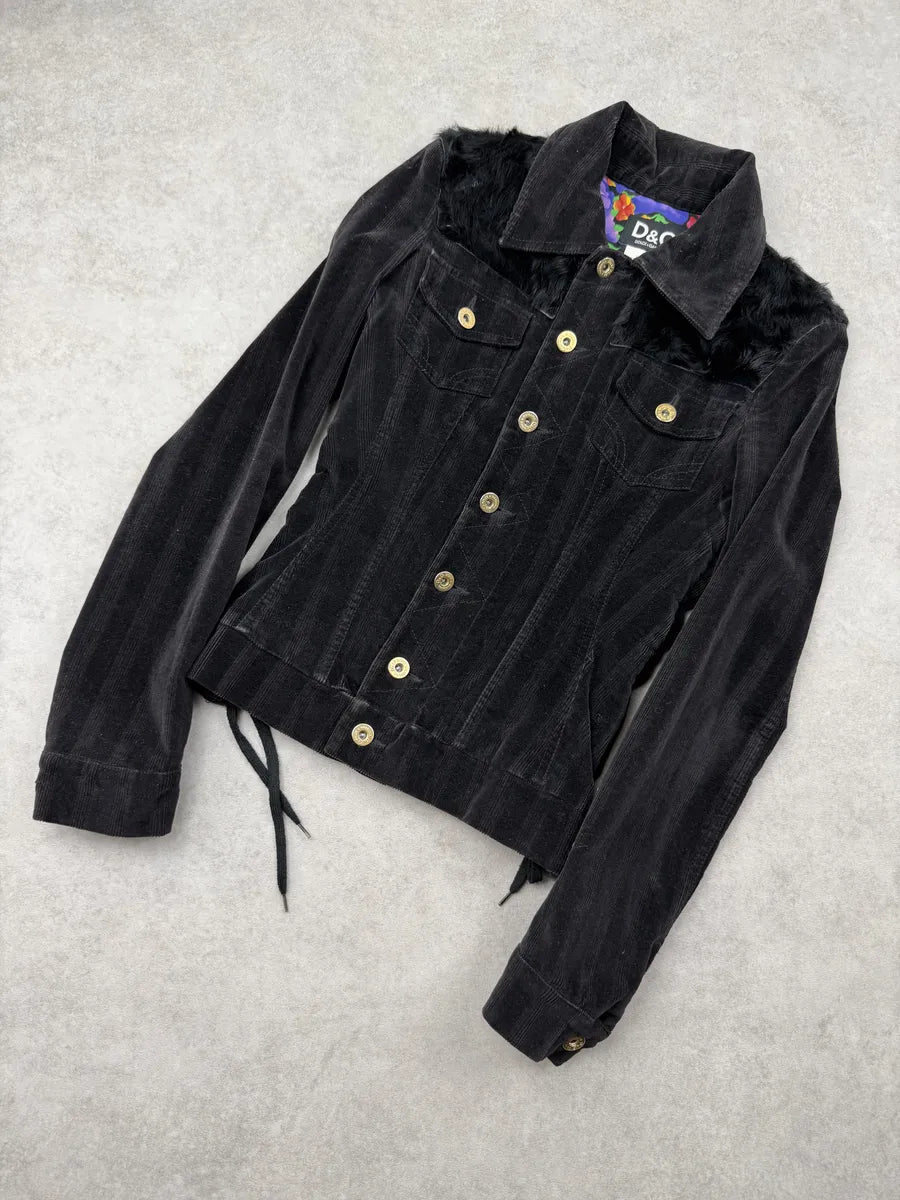 2000s Dolce & Gabbana Black Corduroy Fur Jacket JTWpsjG 5