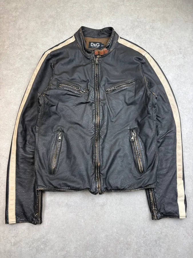 AW2003 Dolce & Gabbana Black Biker Leather Jacket TZSaIVc 0