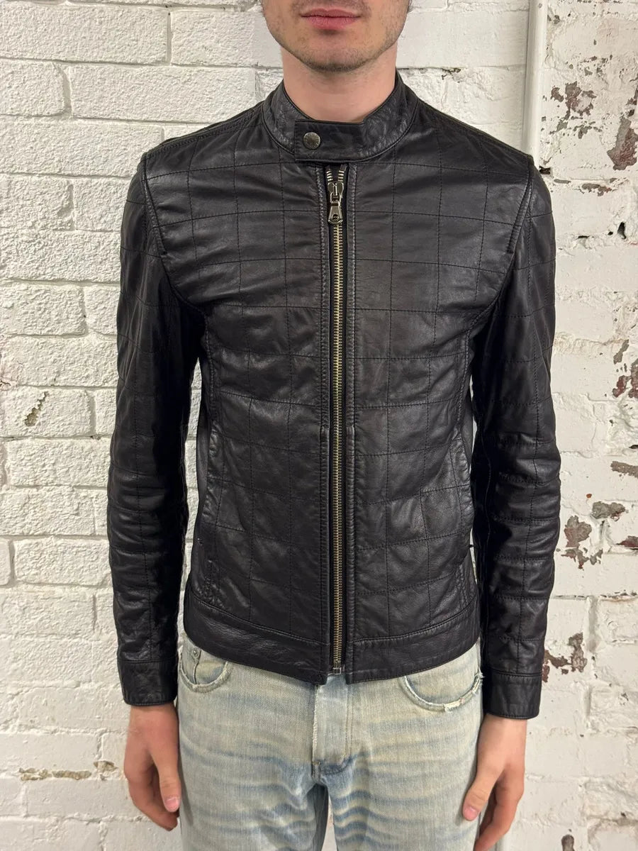 2000s Dolce & Gabbana Black Grid Leather Jacket FuzMbvJ 0